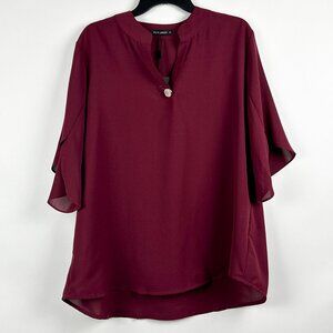NWT Funlingo Maroon Chiffon Flowy Bell Sleeve V-Neckline Blouse Top XL
